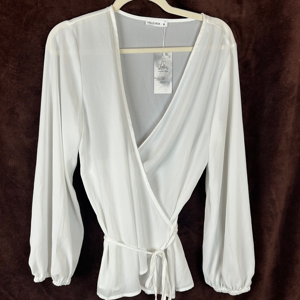 NWT Flowy White Long Sleeve Wrap Blouse V-Neck Bishop Sleeve Size M Lollo Vita